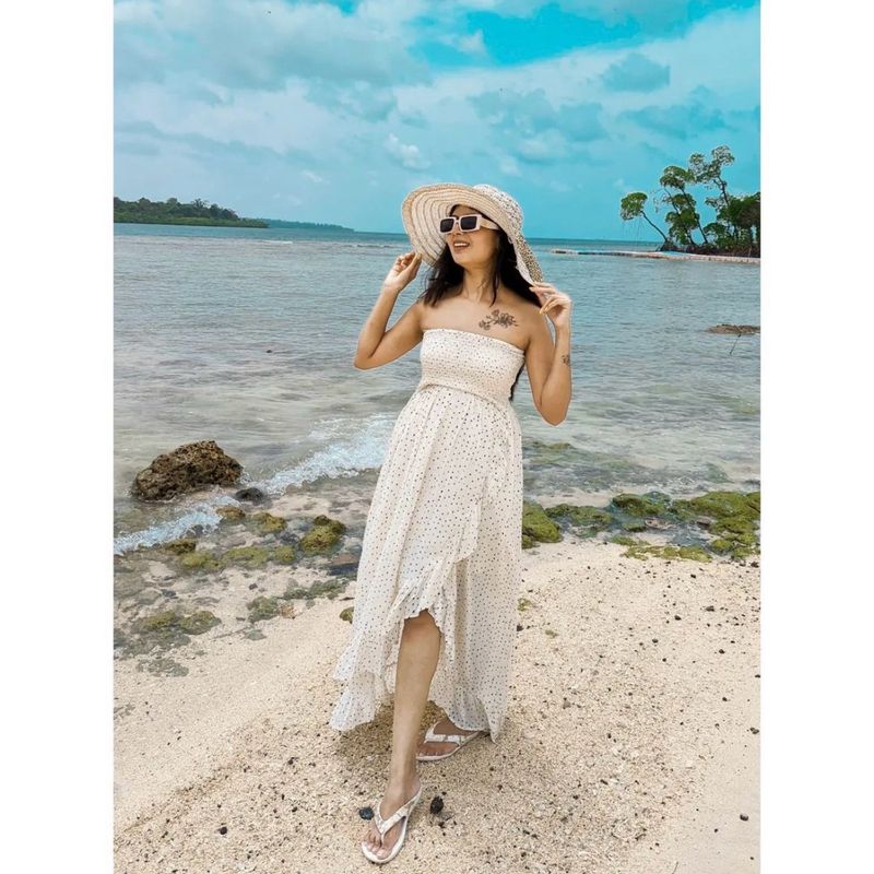 White Dotted Off Shoulder Beachy Dress