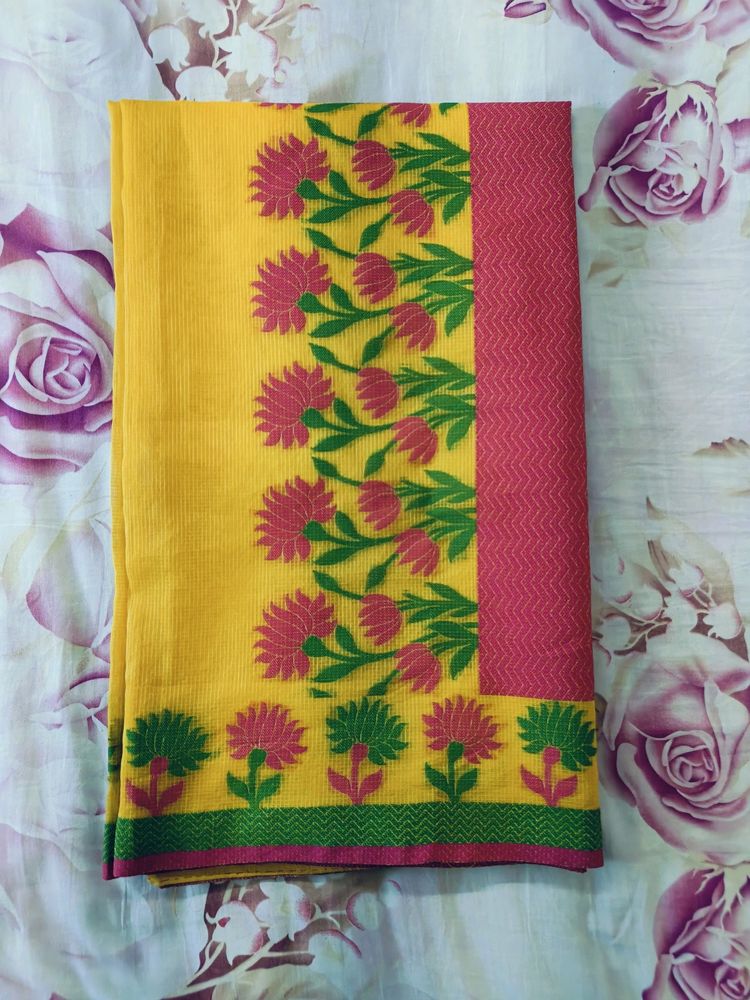 Beutiful Flower Pattern Yellow Saree