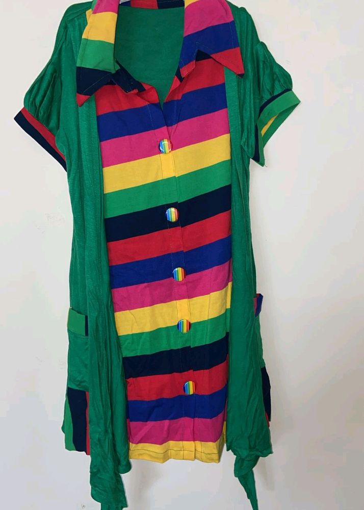 Long Green Shrug Style Top With Multi Striped