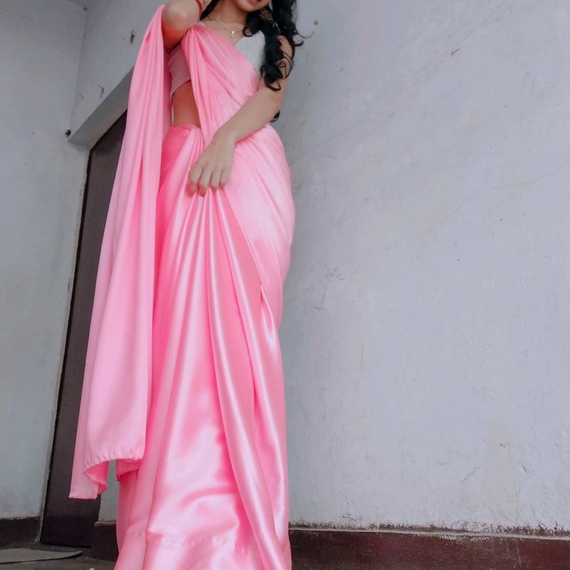 New Beautiful Baby Pink Satin Shiny Saree