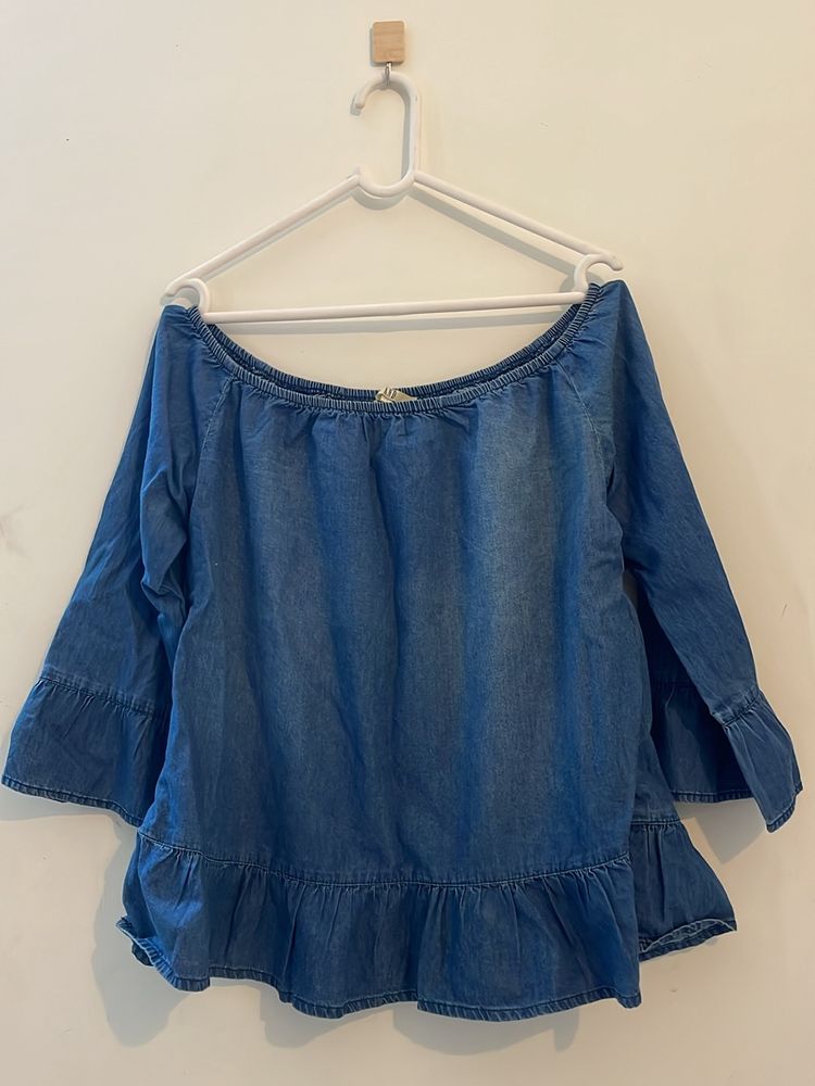 Denim Blouson Top With Frills End