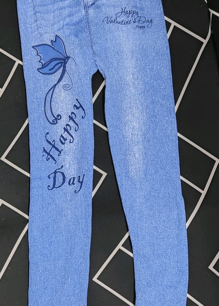 Blue Denim Butterfly Print Jeggings (Waist 24")