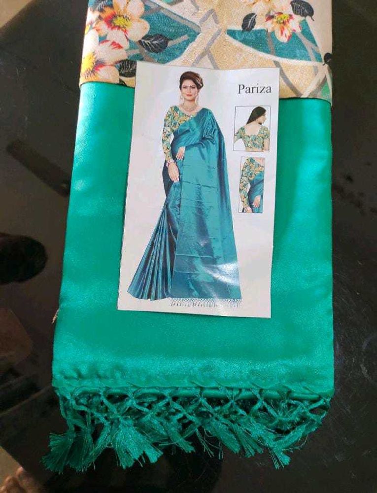 Sea Green Satin Saree With Blouse Piece