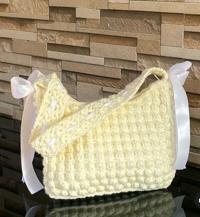 Crochet Cream Popcorn Ribbon Bag