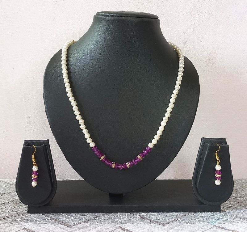 Violet Cream Beads Jewellery Set