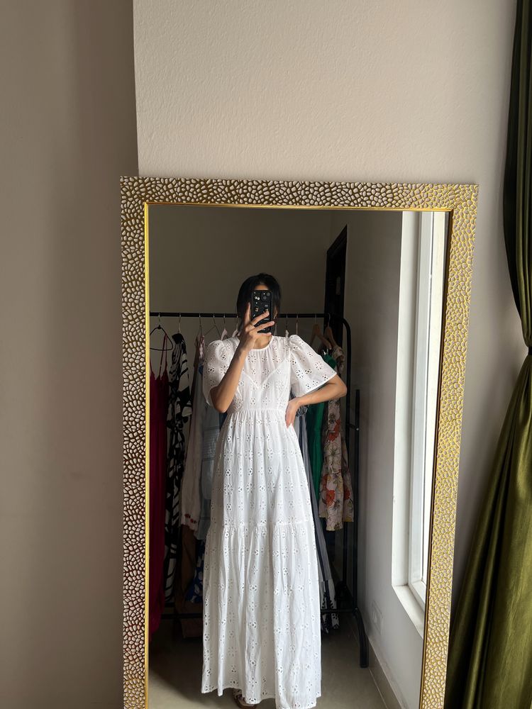 White Cotton  Schiffli Embroidered Tiered Maxi