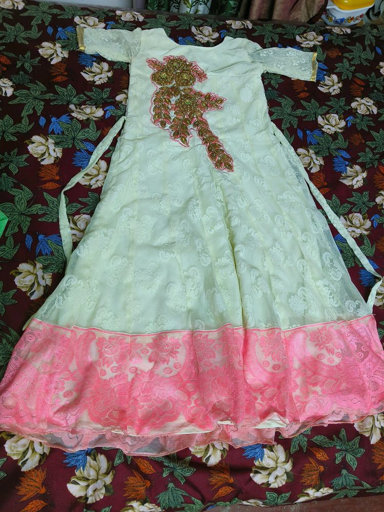 New White And Pink Long Ethnic Gown