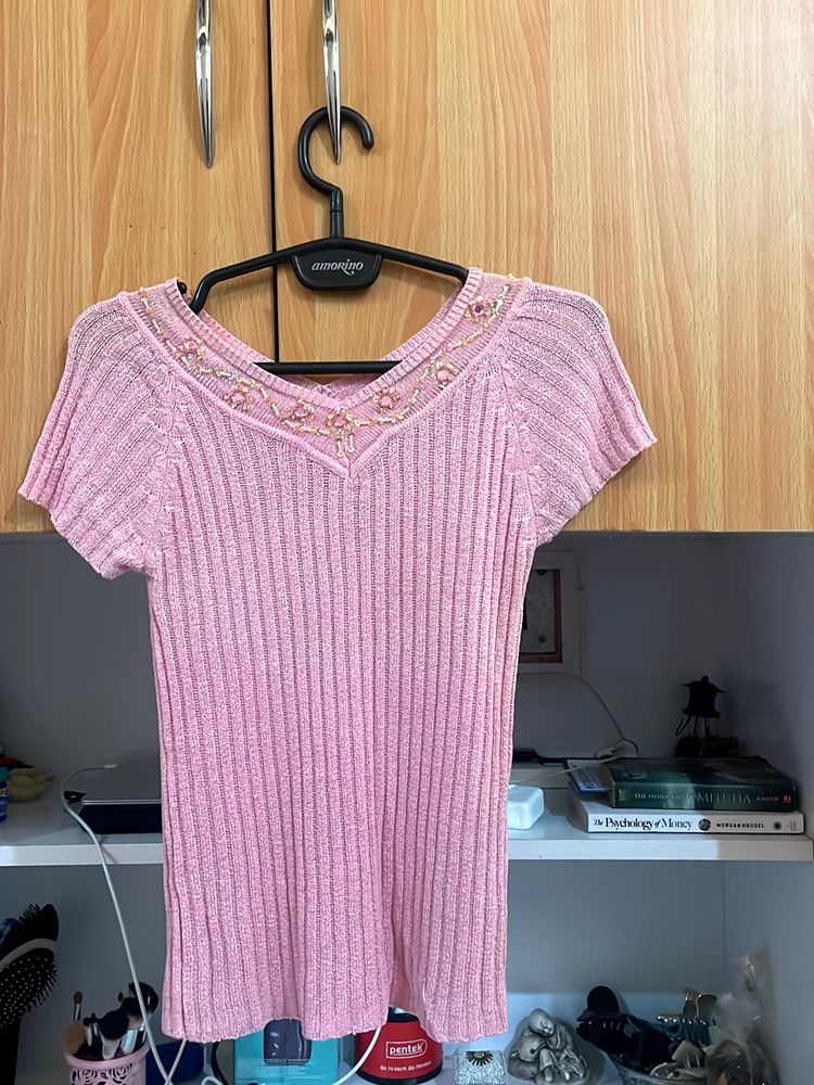 Powder Pink V Neck Stretchable Top