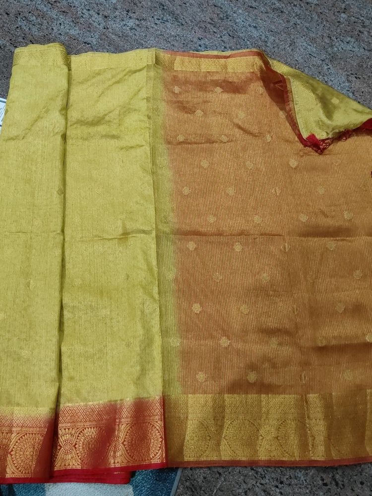 Silk Saree... Golden And Red Colour With Zari Work