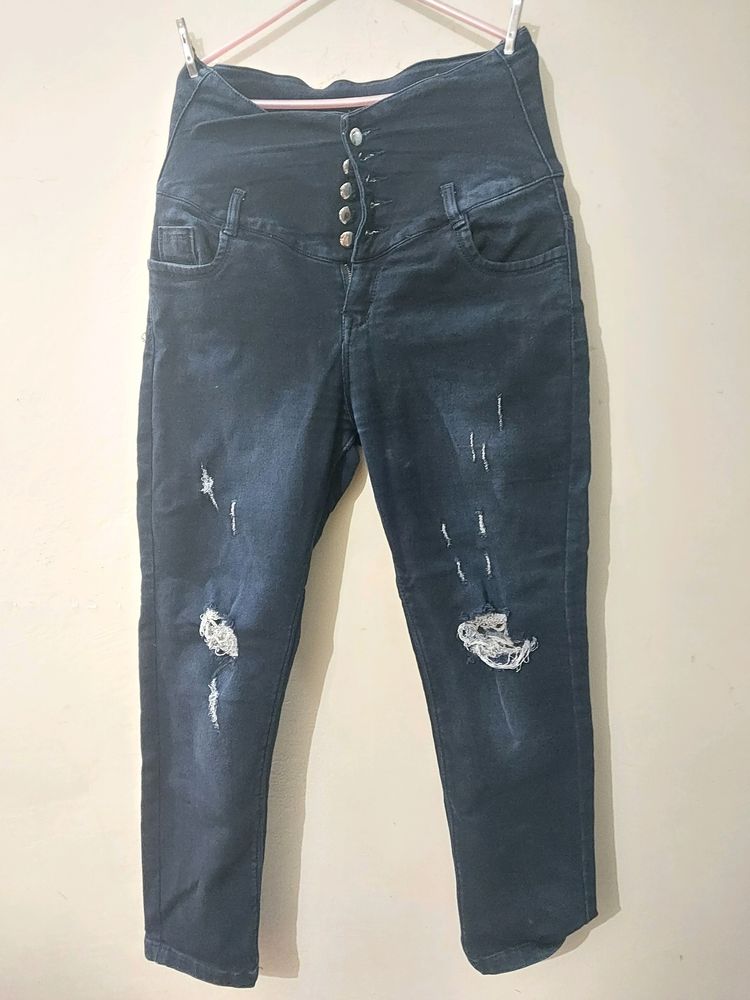 Dark Blue High Waist Skinny Distressed Jeans