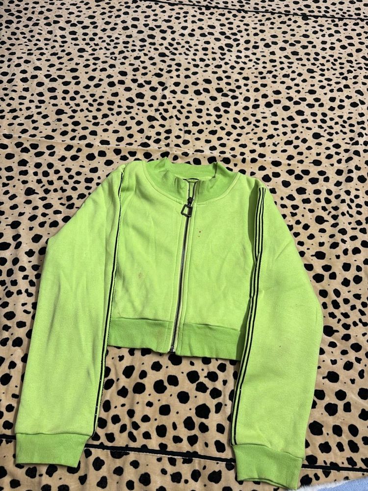 Women Lime Green Hooded Crop Jackets