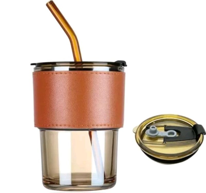 Glass Straw Transparent Cold Coffee Cup With Lid