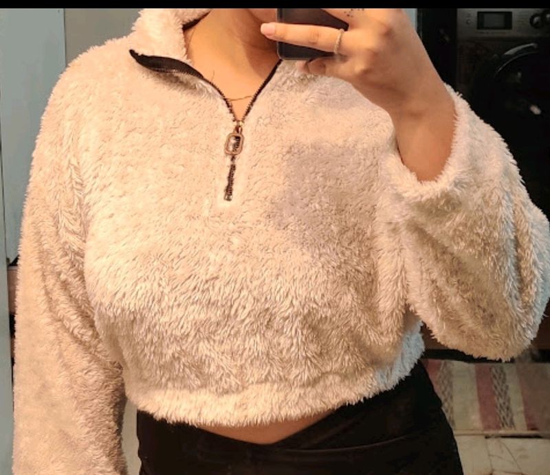 Women Grey Melange Faux Fur Solid Crop Sweatshirt