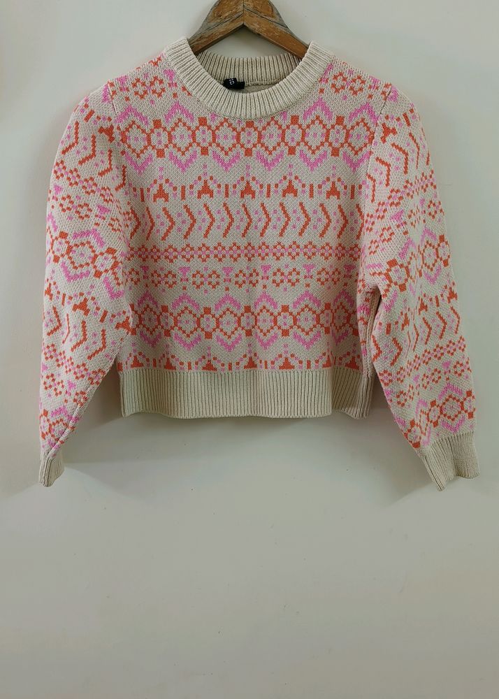 H & M -White Sweater with Playful Pink and Orange