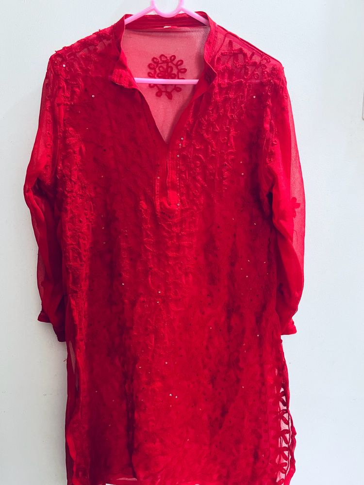 Red Sequinned Chikankari Kurti