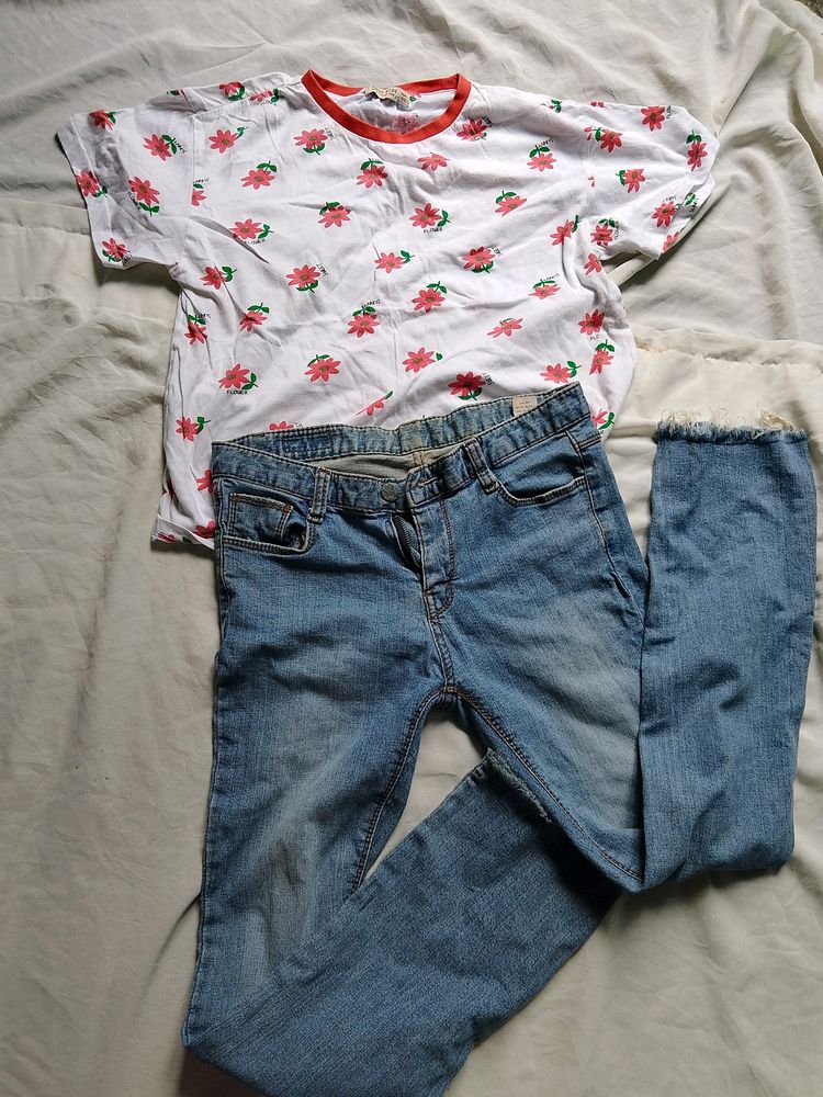 Stretchable Jeans And Daisy Tee Combo