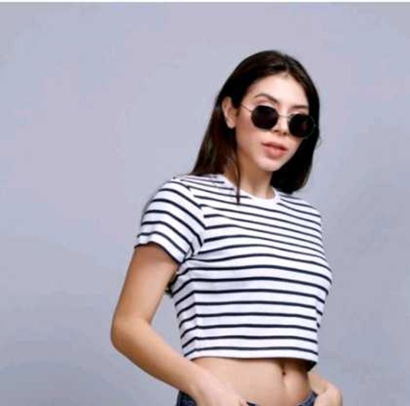 White And Dark Blue Horizontal Lines Crop Top