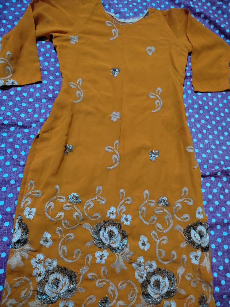 Orange Embroidered Linen Kurta