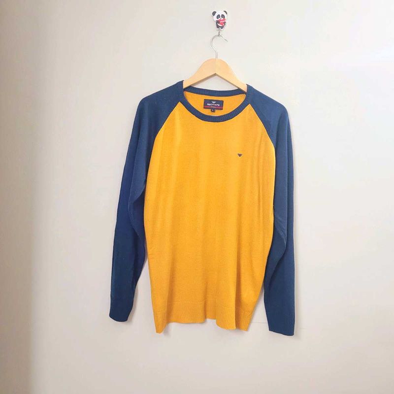 RED TAPE Men Solid Round Neck Yellow, Blue Sweater