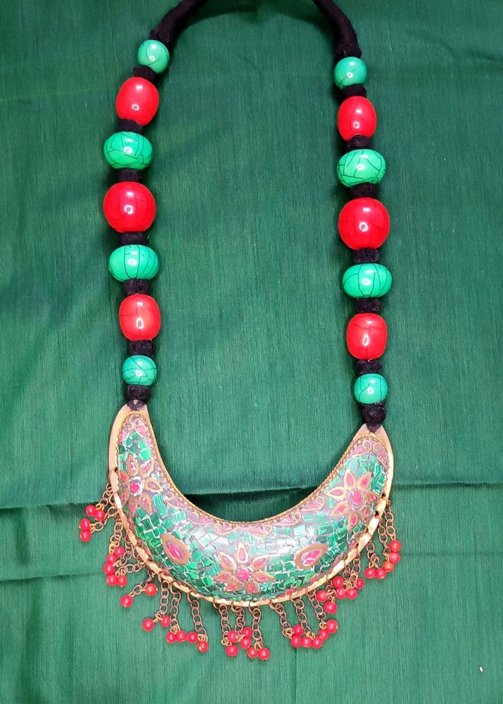 Turquoise Green And Red Bohemian Necklace.