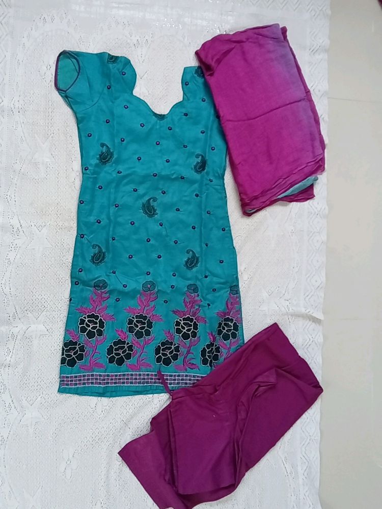 Sea Green And Purple Tailor Made Suit With Dupatta