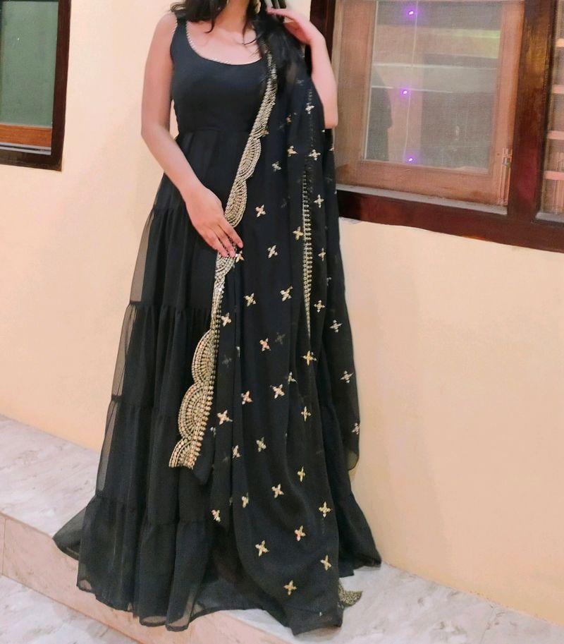 Black Anarkali Dress With Dupatta And Trouser