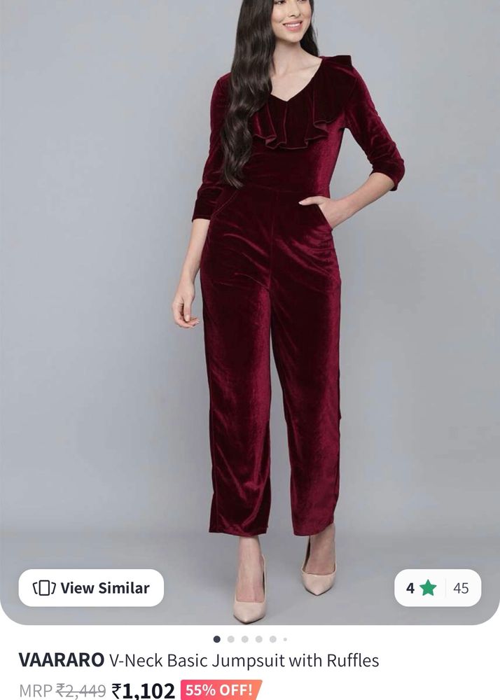 BURGUNDY VELVET RUFFLES JUMPSUIT