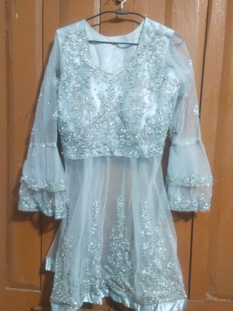 Grey Embroided Net Anarkali Set