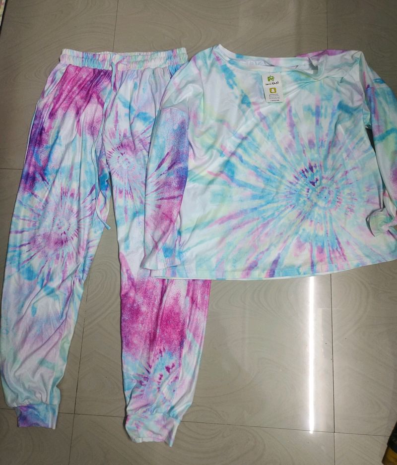 Casual Inclined Shoulder Tie Dye Pants Set