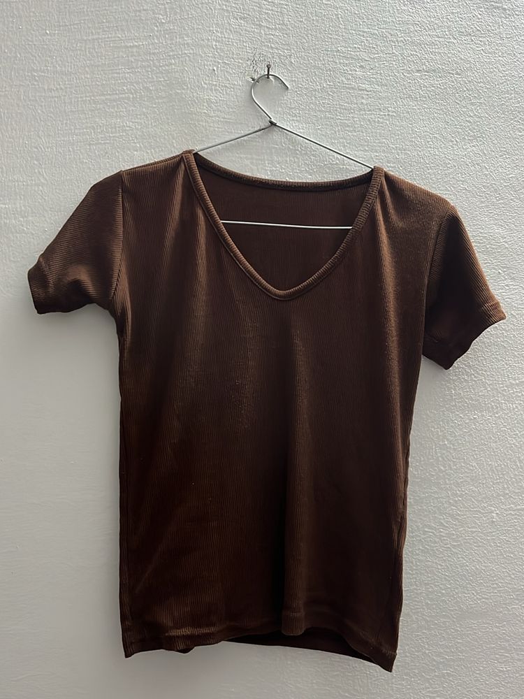 V Neck Brown Top