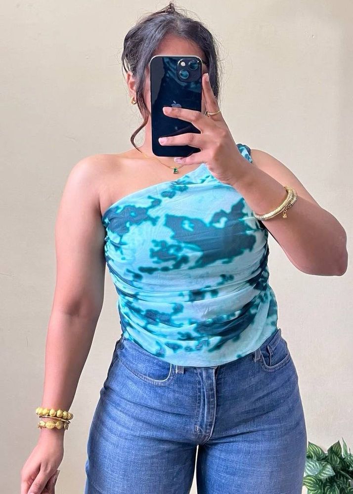 Aqua Green Marble Print One Shoulder Mesh Top