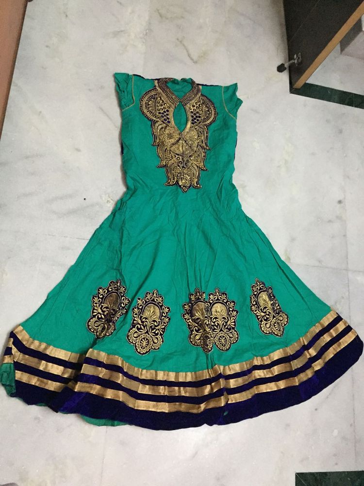 Designer Sea Green Cotton And Velvet Kurti