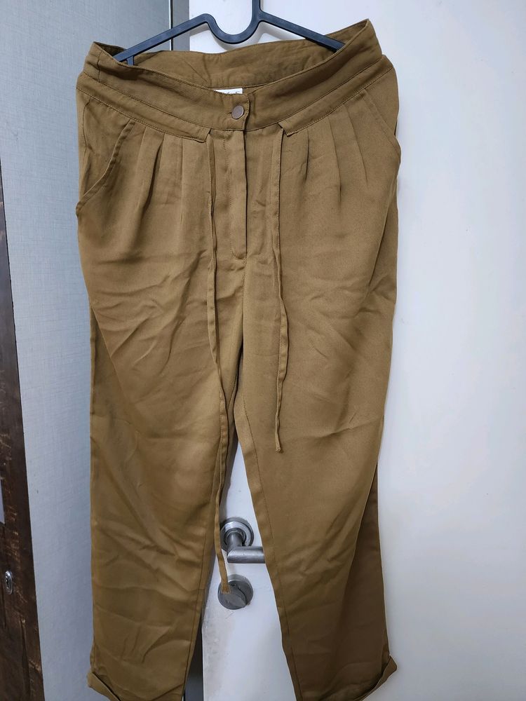 Brown High Waist Trousers With Drawstrings