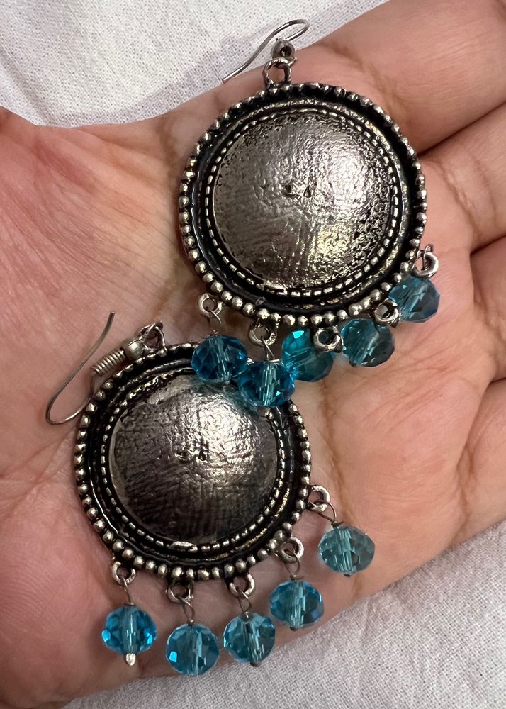 Blue Oxidised Silver Look Round Earrings