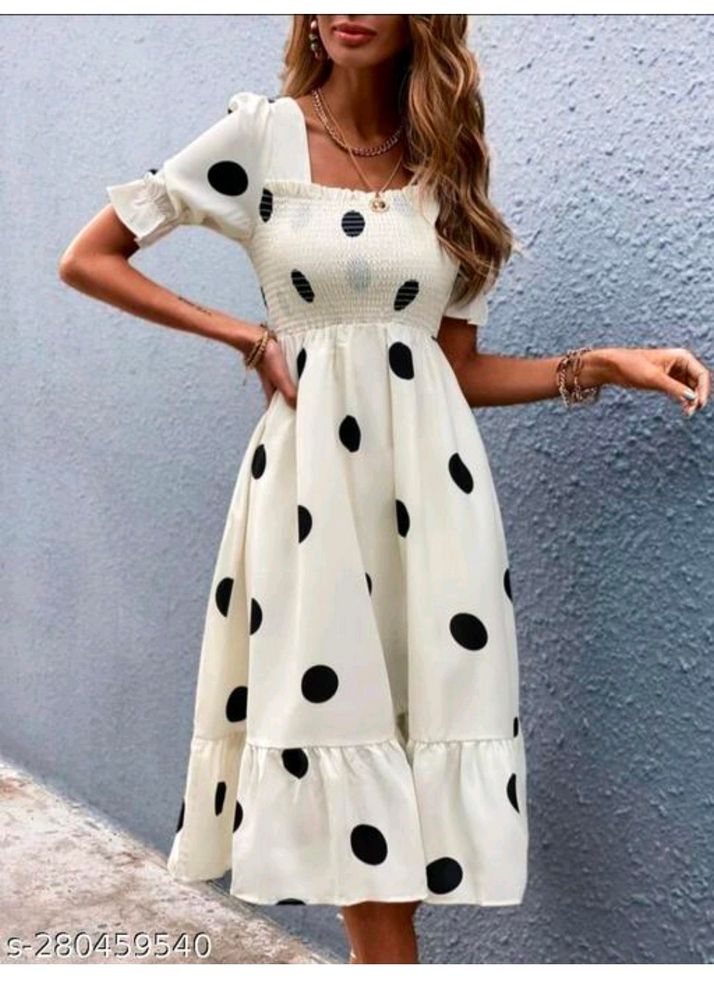 White Knee Length Dress With Black Polka Dots