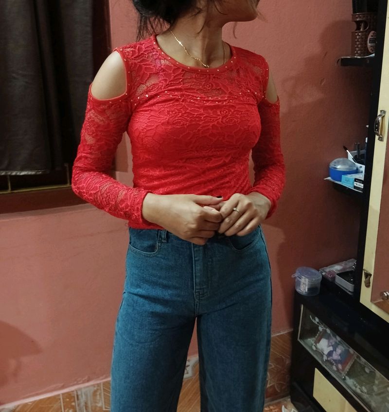 Cherry Red Off/cool Shoulder Top