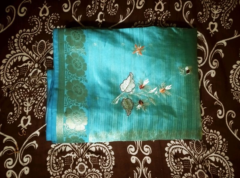 Teal Blue Colour Saree With Embroidery Flowers