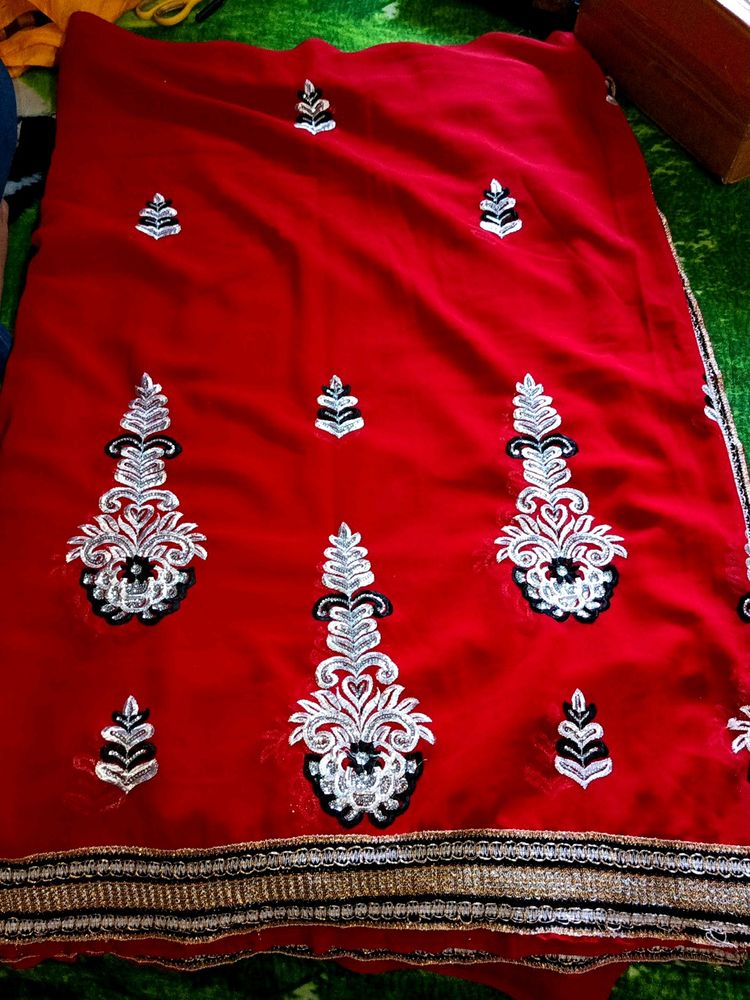 Red Color Heavy Embroidery With Sequence Work