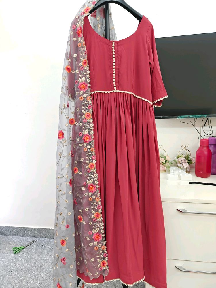 Coral Brick Red Flared Kurta With Dupatta