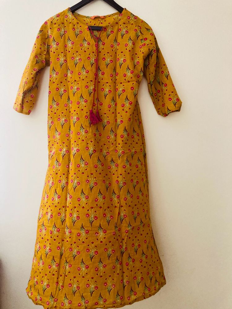 Mustard Pure Cotton Kurti With Pockets