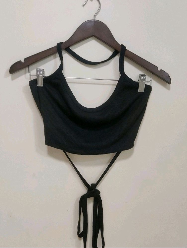 Black Tie Back Crop Halter Top