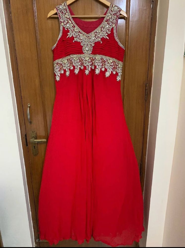 Red Long Flared Gown With Heavy Embroidery