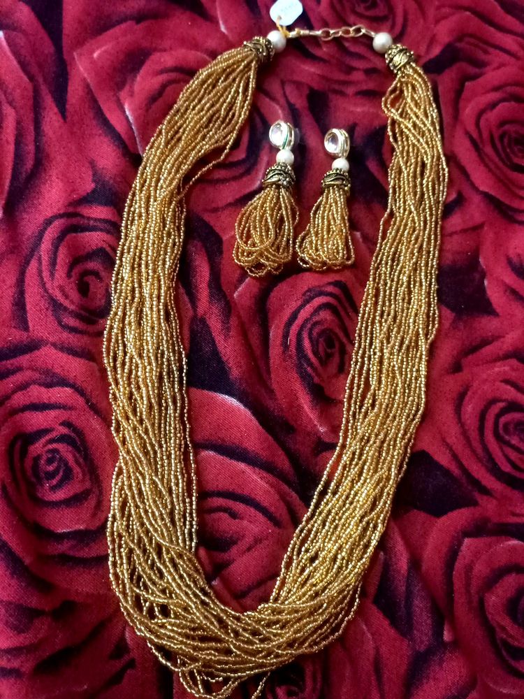 Yellow Moti Necklace With Earrings