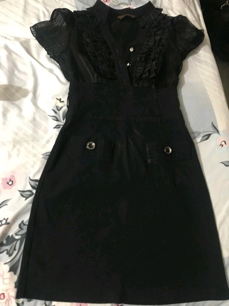 Black Front Button Formal Dress With Belt