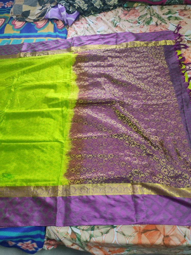 Parrot Green And Purple Silk Saree