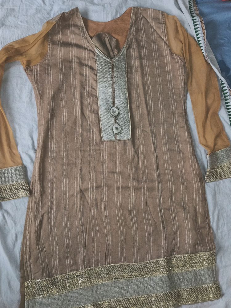 Sequined Border Beige Women's Kurti