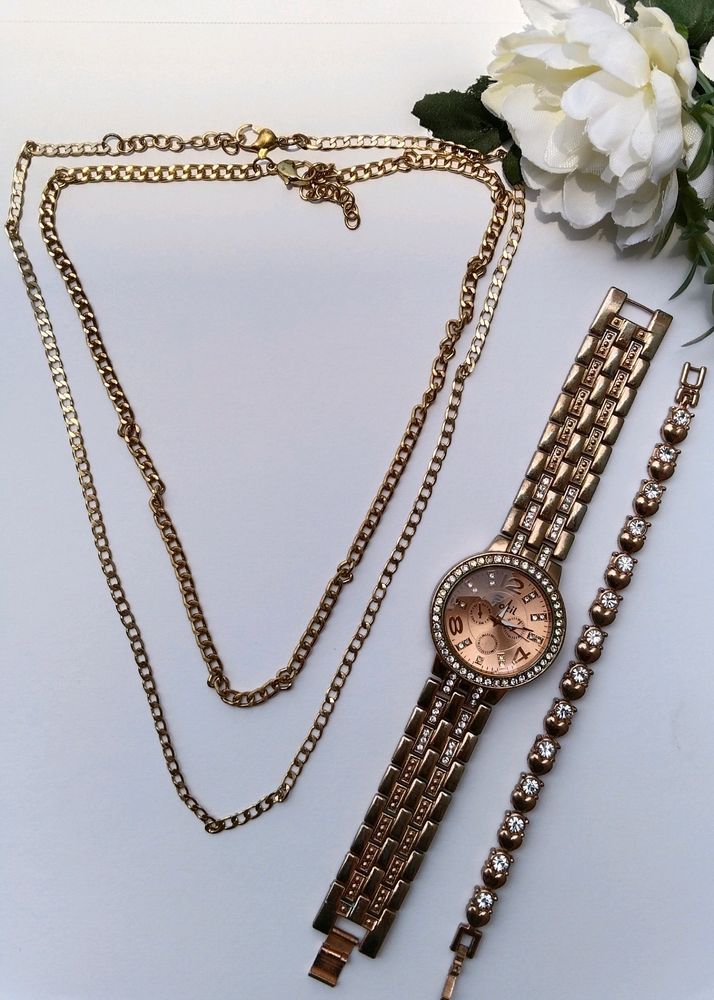 Gold Necklace Set with Watch And Bracelet