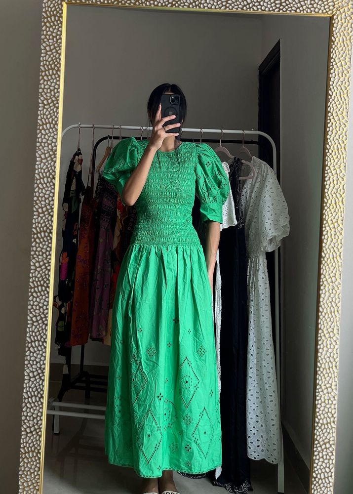 Green Broderie Anglaise Midi Dress