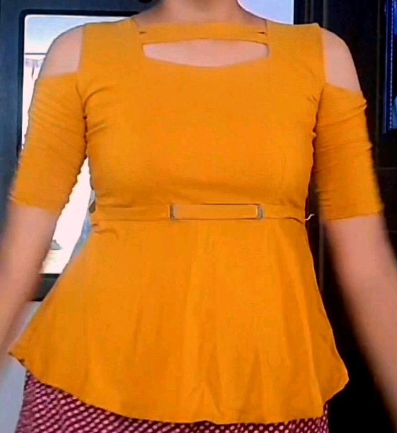 Cute Mustard Top With Cold Shoulder