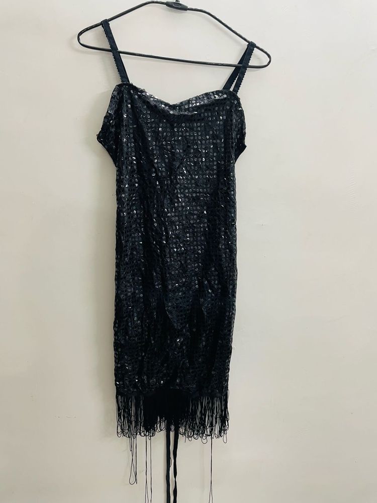 Women Black Corset Dress With Tassels